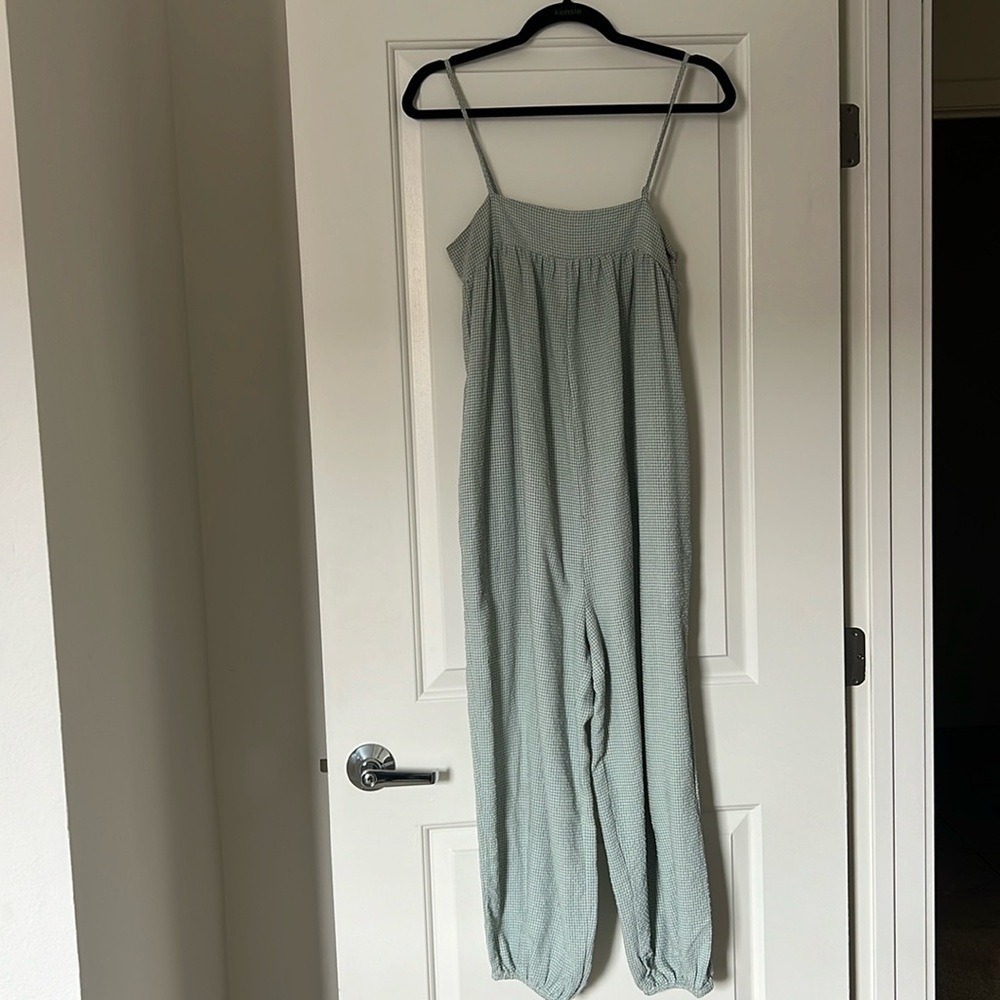 sage and white gingham romper size small